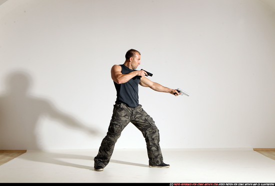 Man Adult Athletic White Fighting with gun Moving poses Army