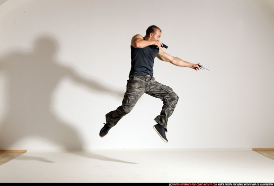 Man Adult Athletic White Fighting with gun Moving poses Army