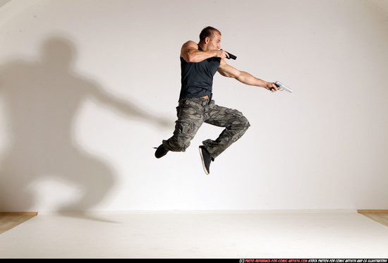 Man Adult Athletic White Fighting with gun Moving poses Army