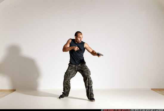 Man Adult Athletic White Fighting with gun Moving poses Army