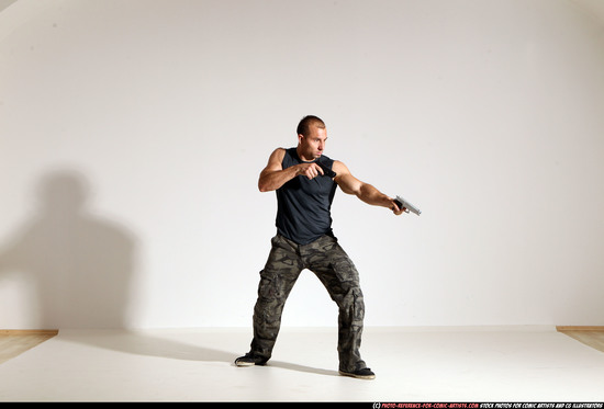 Man Adult Athletic White Fighting with gun Moving poses Army