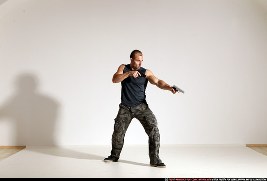 Man Adult Athletic White Fighting with gun Moving poses Army