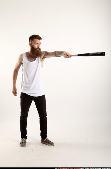 Man Adult Athletic White Standing poses Casual Fighting with bat