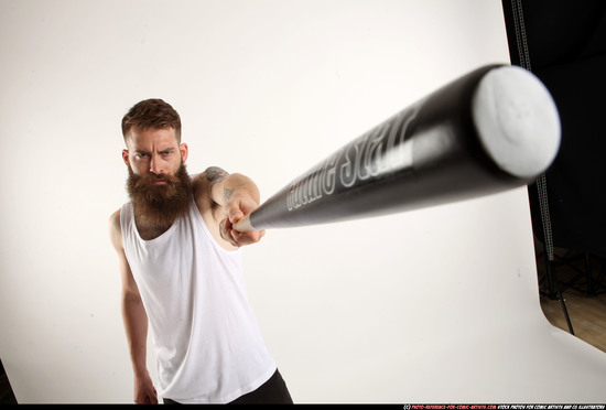 Man Adult Athletic White Standing poses Casual Fighting with bat