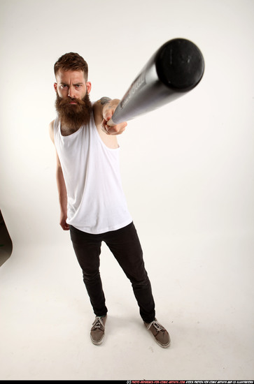 Man Adult Athletic White Standing poses Casual Fighting with bat