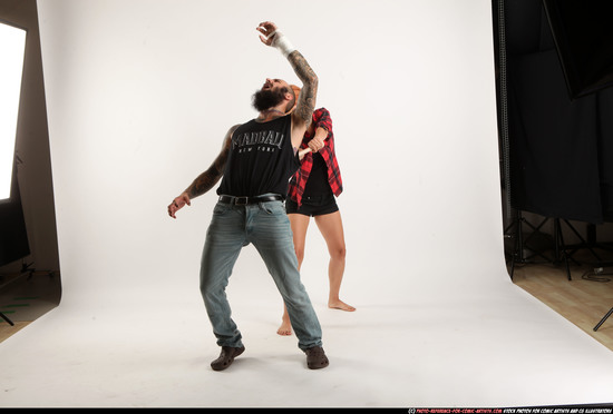 Man & Woman Adult Athletic White Moving poses Casual Fighting with bat