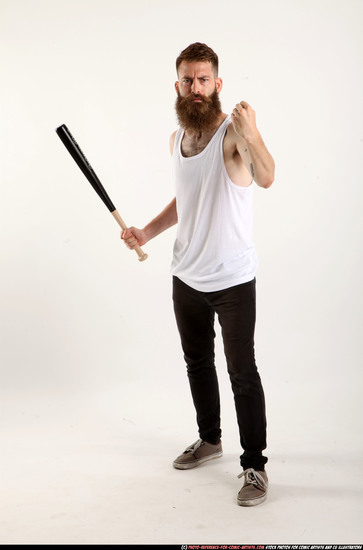 Man Adult Athletic White Standing poses Casual Fighting with bat