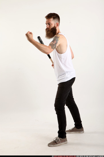 Man Adult Athletic White Standing poses Casual Fighting with bat