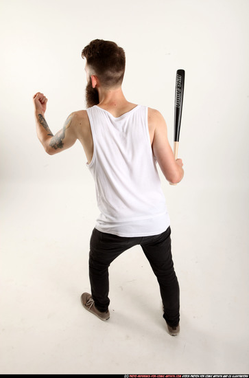 Man Adult Athletic White Standing poses Casual Fighting with bat