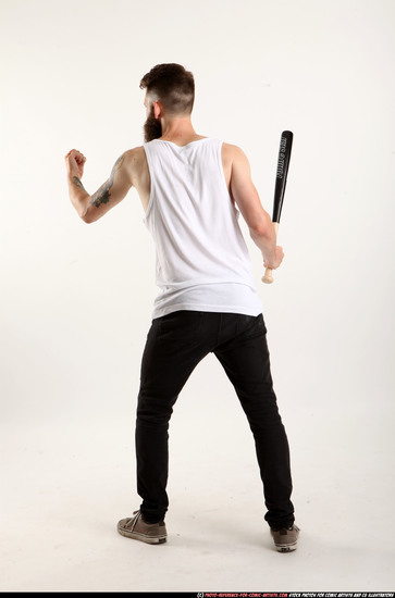 Man Adult Athletic White Standing poses Casual Fighting with bat