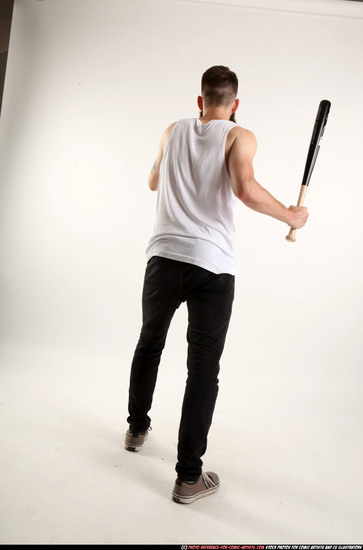 Man Adult Athletic White Standing poses Casual Fighting with bat