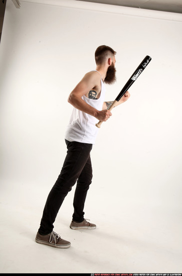 Man Adult Athletic White Standing poses Casual Fighting with bat