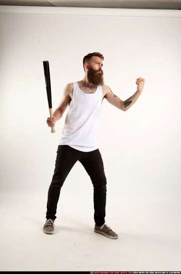 Man Adult Athletic White Standing poses Casual Fighting with bat