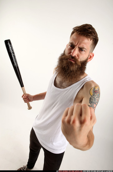 Man Adult Athletic White Standing poses Casual Fighting with bat