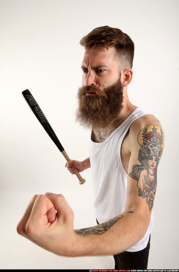 Man Adult Athletic White Standing poses Casual Fighting with bat