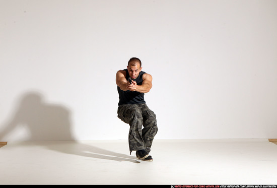 Man Adult Athletic White Fighting with gun Moving poses Army