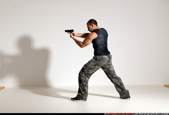 Man Adult Athletic White Fighting with gun Moving poses Army