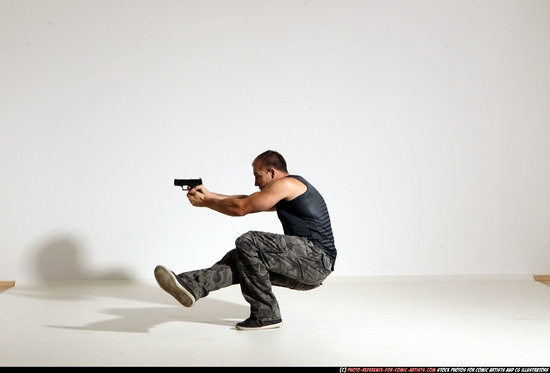 Man Adult Athletic White Fighting with gun Moving poses Army