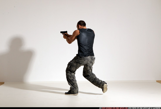 Man Adult Athletic White Fighting with gun Moving poses Army