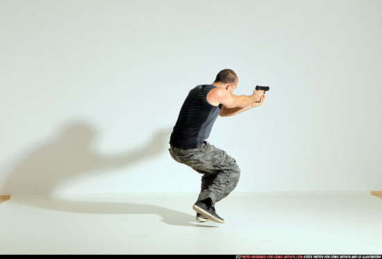 Man Adult Athletic White Fighting with gun Moving poses Army