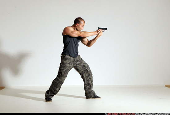 Man Adult Athletic White Fighting with gun Moving poses Army