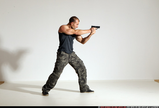 Man Adult Athletic White Fighting with gun Moving poses Army