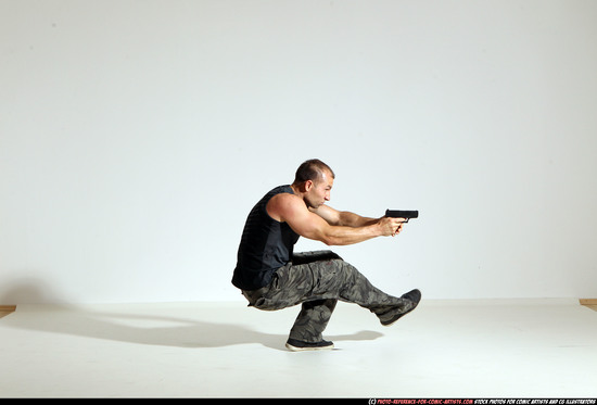 Man Adult Athletic White Fighting with gun Moving poses Army