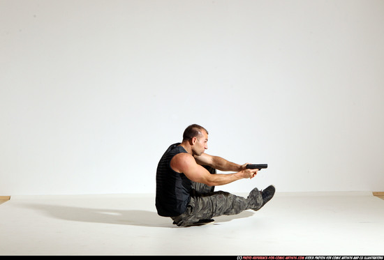 Man Adult Athletic White Fighting with gun Moving poses Army