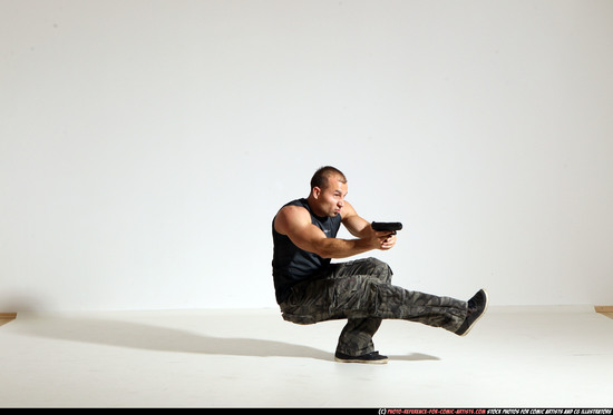 Man Adult Athletic White Fighting with gun Moving poses Army