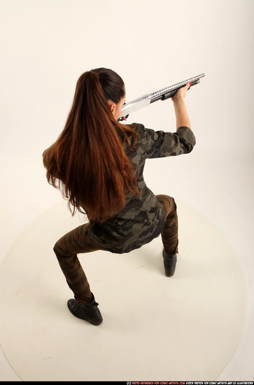 Woman Young Athletic White Standing poses Army Fighting with shotgun