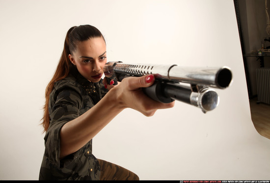 Woman Young Athletic White Standing poses Army Fighting with shotgun