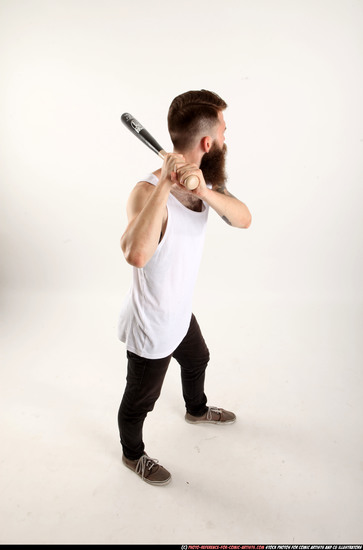 Man Adult Athletic White Standing poses Casual Fighting with bat