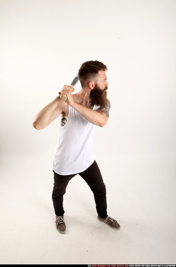 Man Adult Athletic White Standing poses Casual Fighting with bat