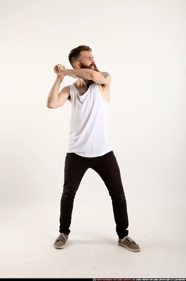 Man Adult Athletic White Standing poses Casual Fighting with bat