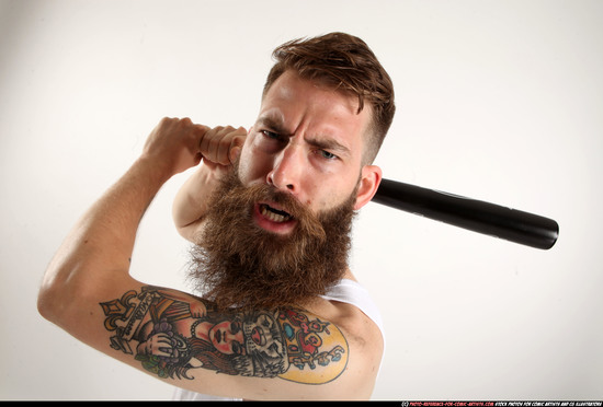 Man Adult Athletic White Standing poses Casual Fighting with bat