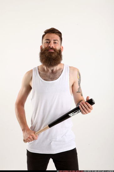 Man Adult Athletic White Standing poses Casual Fighting with bat