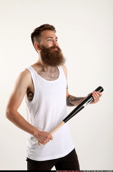 Man Adult Athletic White Standing poses Casual Fighting with bat