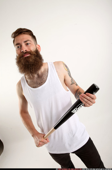 Man Adult Athletic White Standing poses Casual Fighting with bat