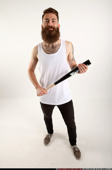 Man Adult Athletic White Standing poses Casual Fighting with bat