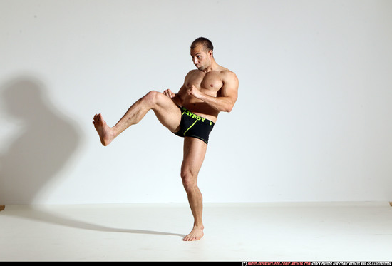 Man Adult Athletic White Kick fight Moving poses Underwear