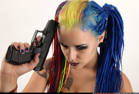 Woman Young Average White Fighting with gun Sitting poses Casual