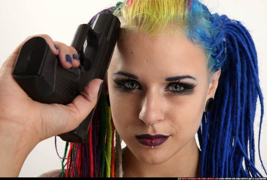 Woman Young Average White Fighting with gun Sitting poses Casual