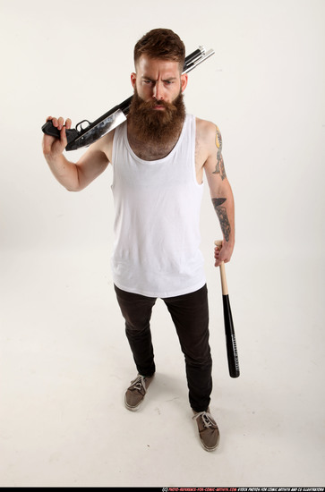 Man Adult Athletic White Standing poses Casual Fighting with shotgun