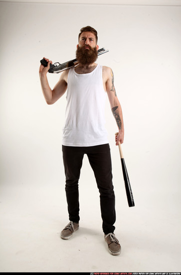 Man Adult Athletic White Standing poses Casual Fighting with shotgun