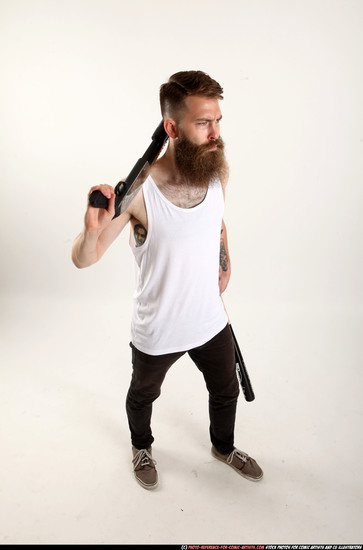 Man Adult Athletic White Standing poses Casual Fighting with shotgun