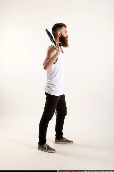 Man Adult Athletic White Standing poses Casual Fighting with shotgun