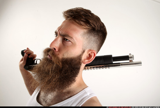 Man Adult Athletic White Standing poses Casual Fighting with shotgun