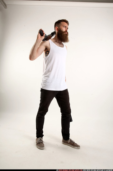 Man Adult Athletic White Standing poses Casual Fighting with shotgun