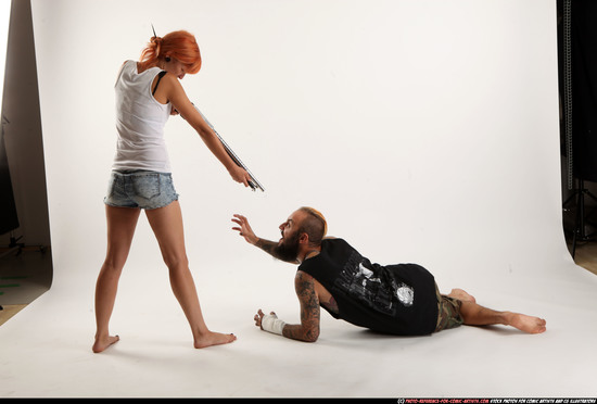 Man & Woman Adult Athletic White Moving poses Casual Fighting with shotgun