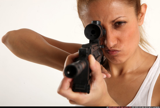 Woman Adult Athletic White Fighting with submachine gun Standing poses Casual